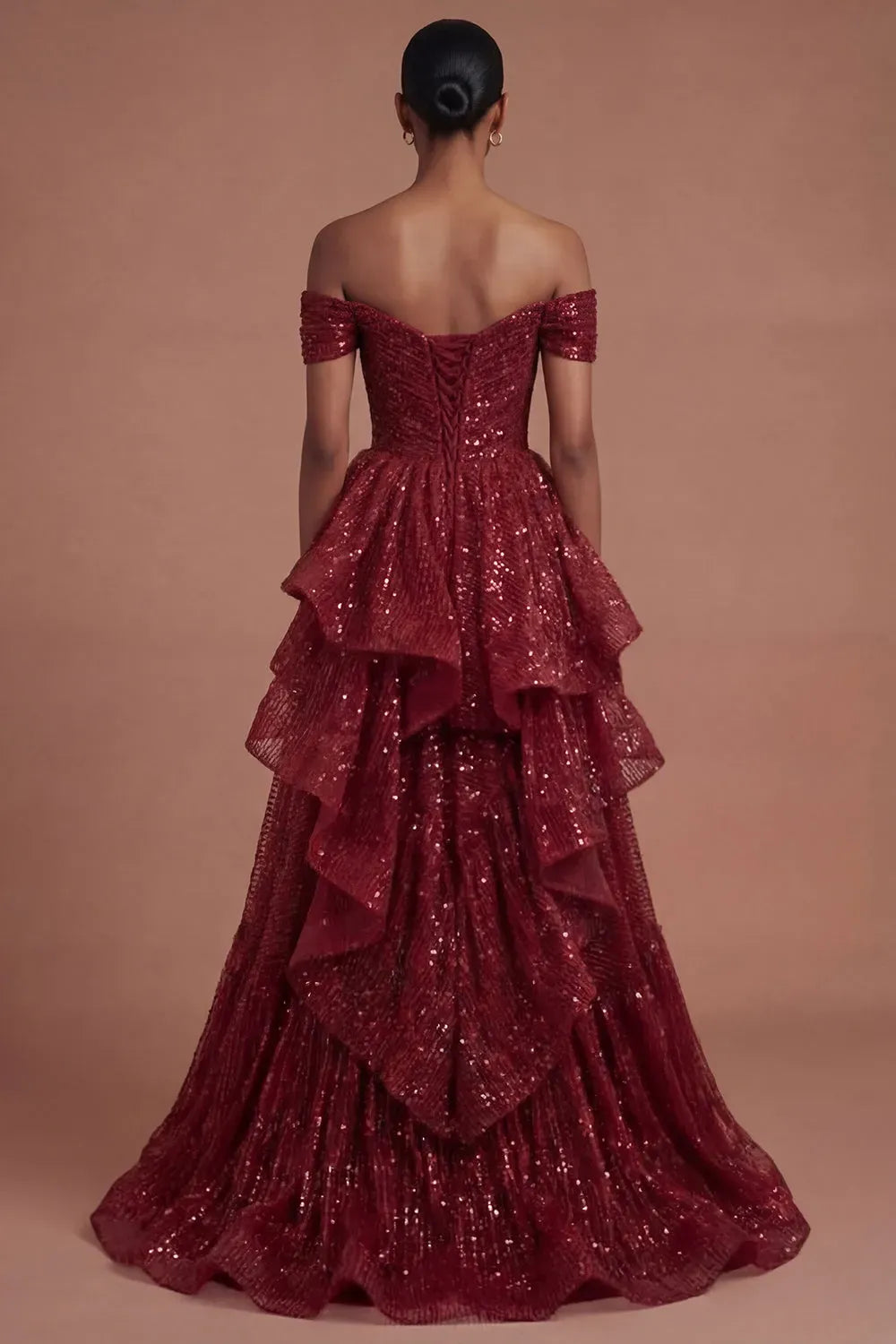 Glamorous Burgundy Sequin A-Line Sweetheart Off Shoulder Lace-Up Floor Length Prom Dress