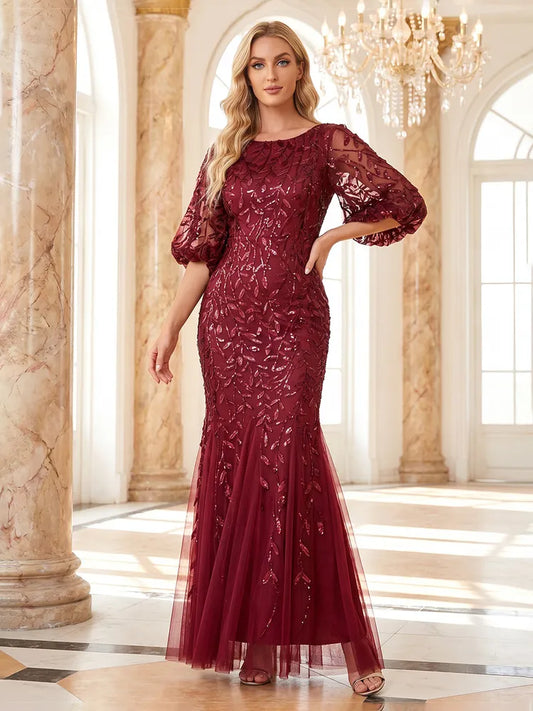 Loverlm burgundy Mother of the Bride dress with round neck sheer three-quarter sleeves sequin embroidery and floor-length mermaid skirt