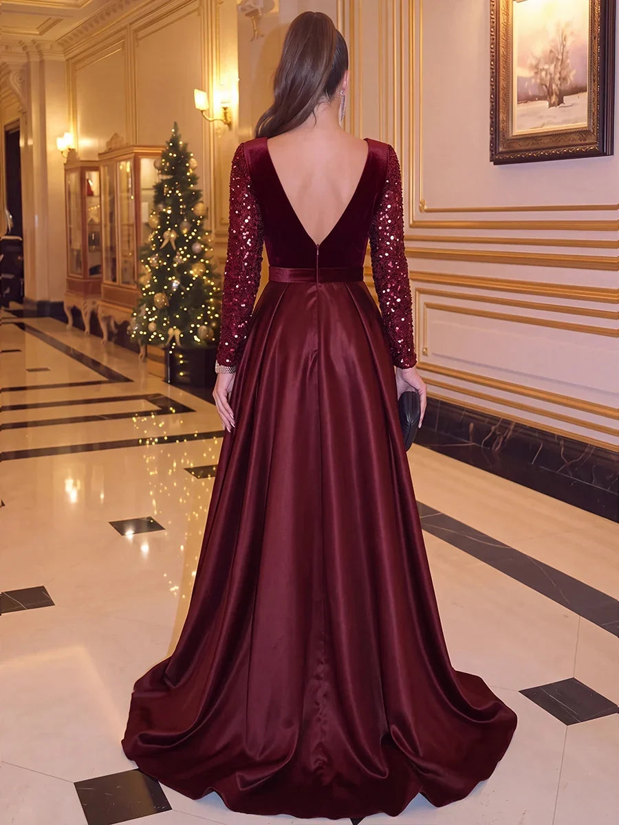 Elegant A-Line V-Neck Long Sleeve Velvet Satin Prom Dress