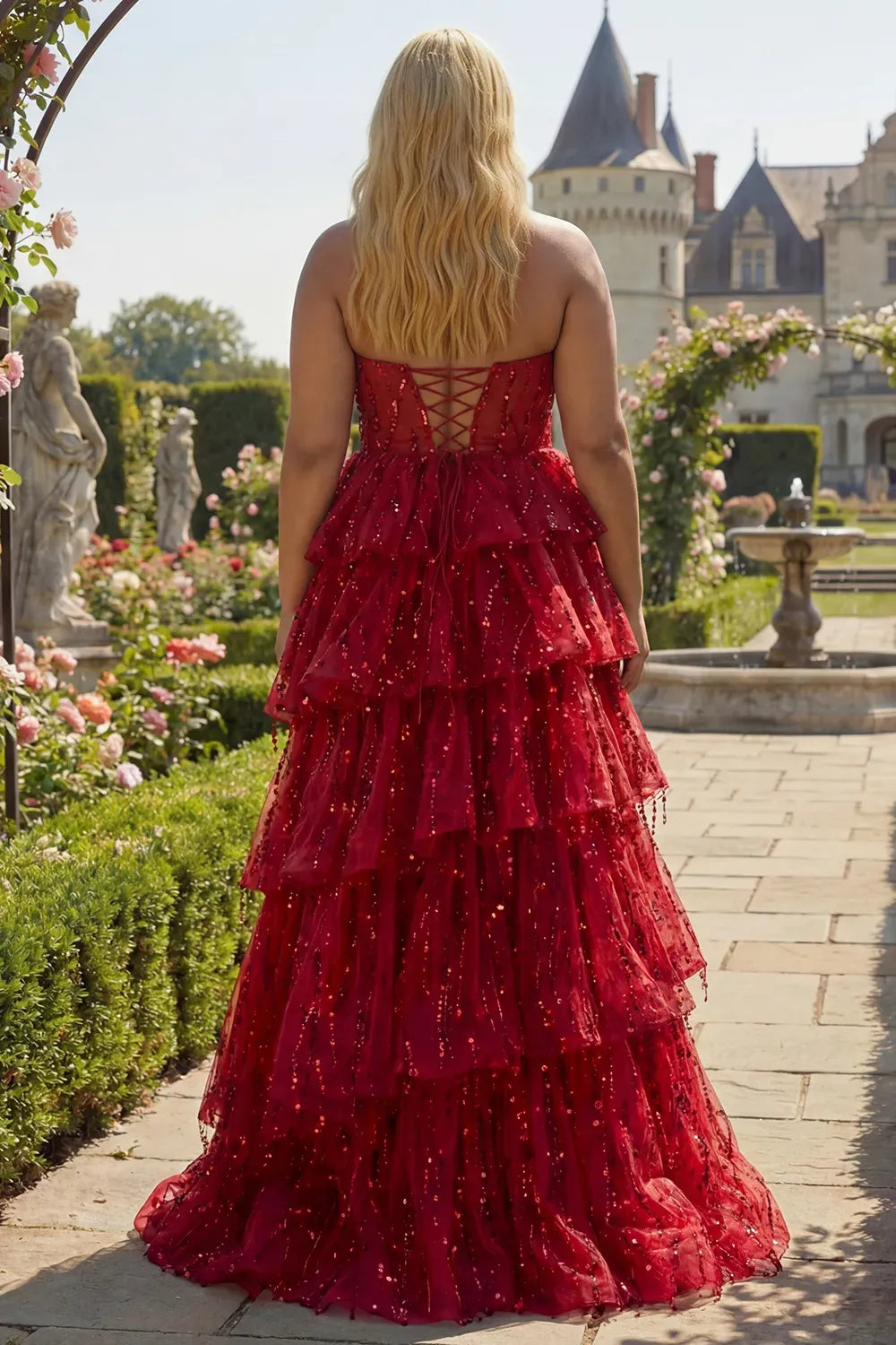 Glamorous A-Line Sweetheart Strapless Lace Up Back Tiered Floor-Length Prom Dress