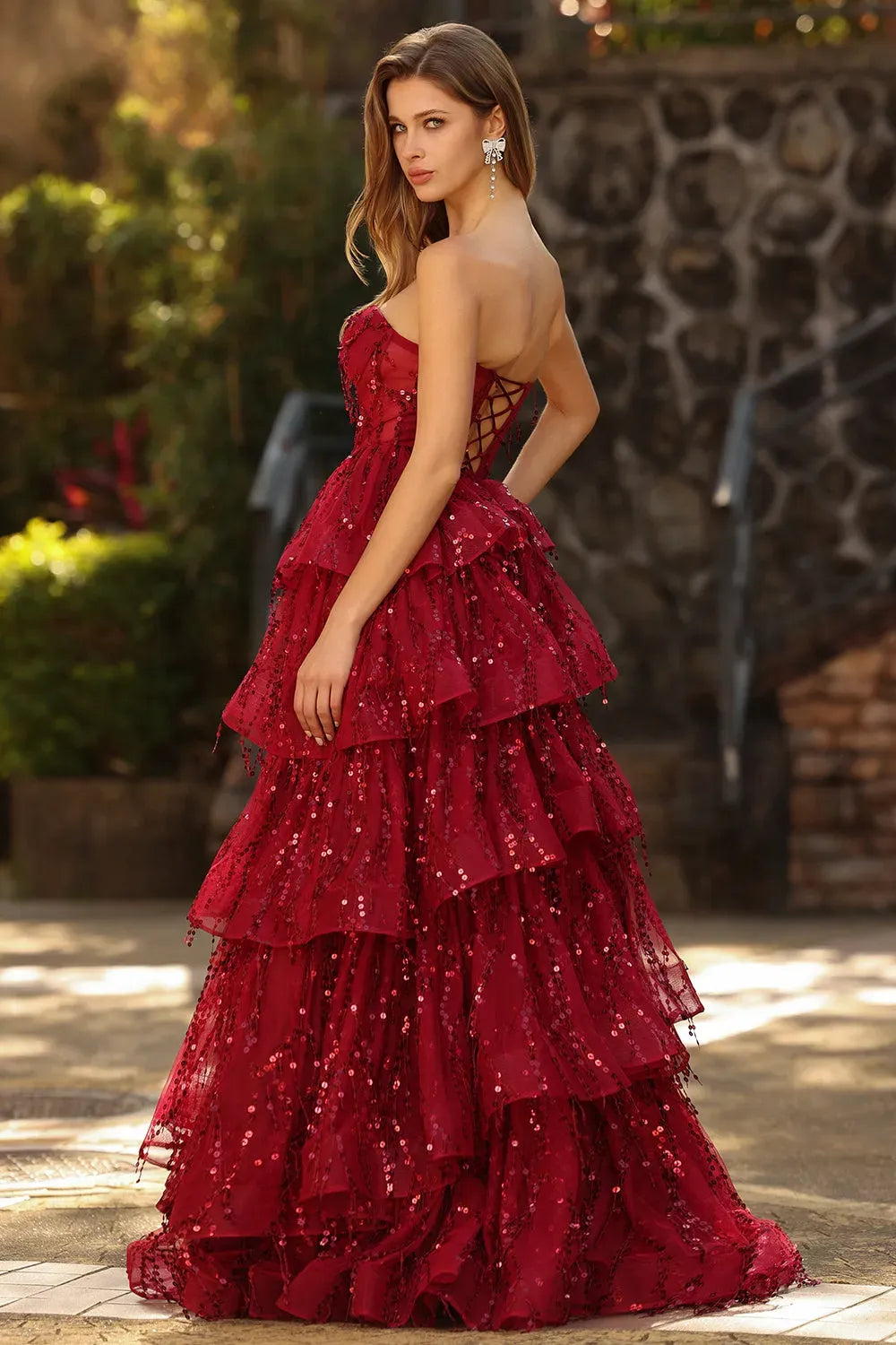 Glamorous A-Line Sweetheart Strapless Lace Up Back Tiered Floor-Length Prom Dress