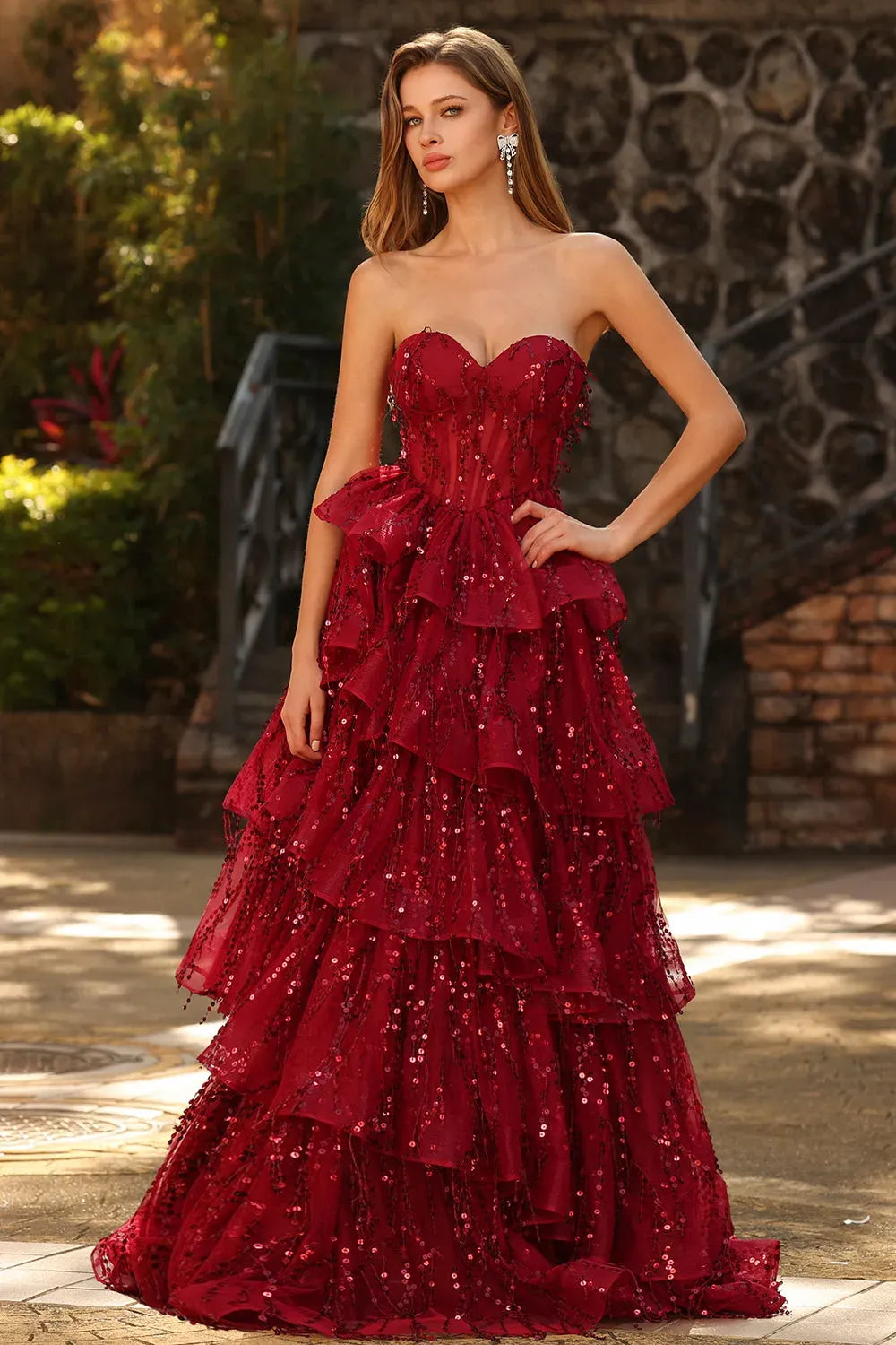 Glamorous A-Line Sweetheart Strapless Lace Up Back Tiered Floor-Length Prom Dress