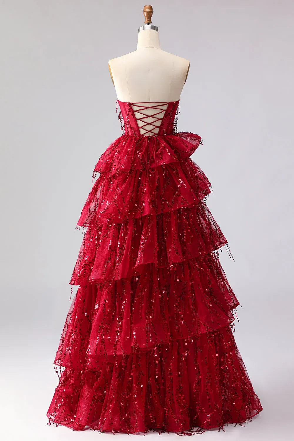 Glamorous A-Line Sweetheart Strapless Lace Up Back Tiered Floor-Length Prom Dress