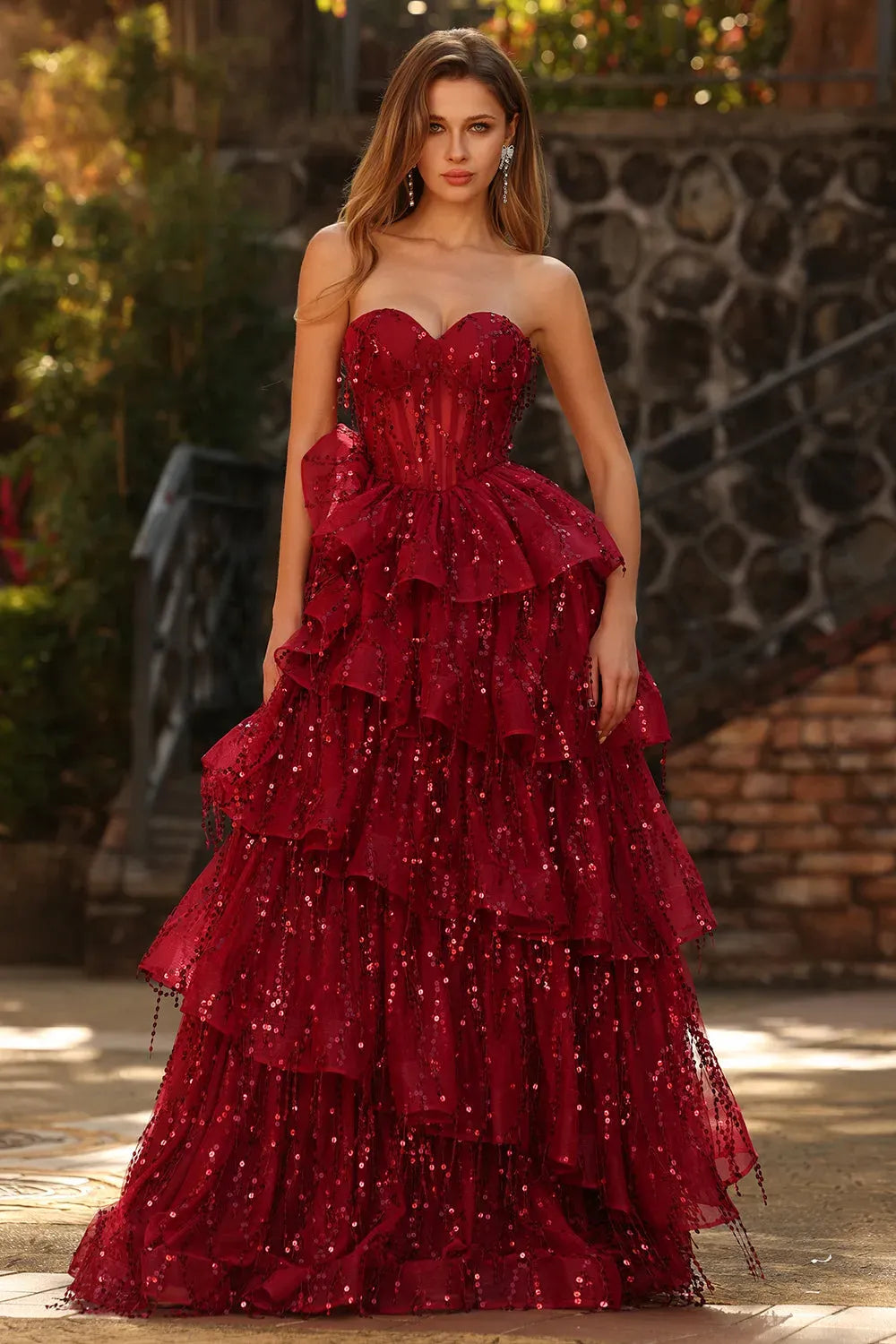 Glamorous A-Line Sweetheart Strapless Lace Up Back Tiered Floor-Length Prom Dress