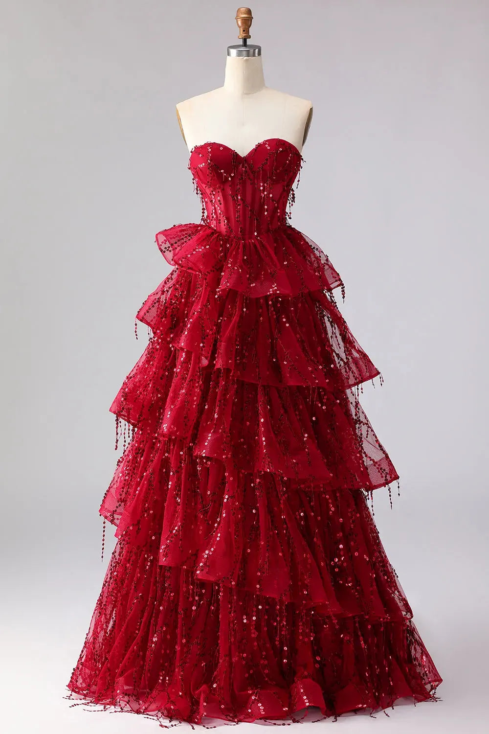 Glamorous A-Line Sweetheart Strapless Lace Up Back Tiered Floor-Length Prom Dress
