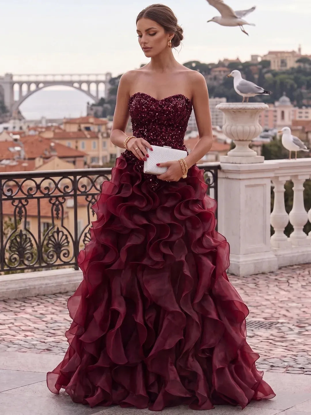 Loverlm burgundy sweetheart sequin prom dress with layered ruffle skirt