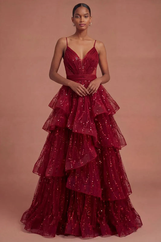Loverlm burgundy sequin A-line prom dress with V-neck and tiered ruffle tulle skirt