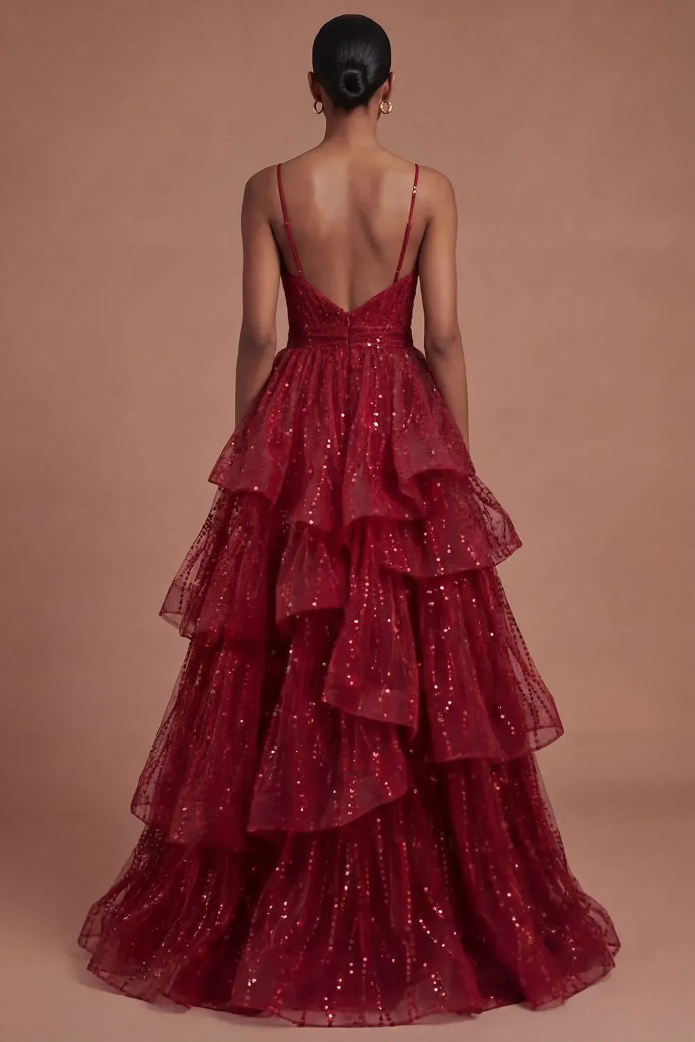 Glamorous A-Line V-Neck Sleeveless V-Back Floor-Length Burgundy Sequin Prom Dress