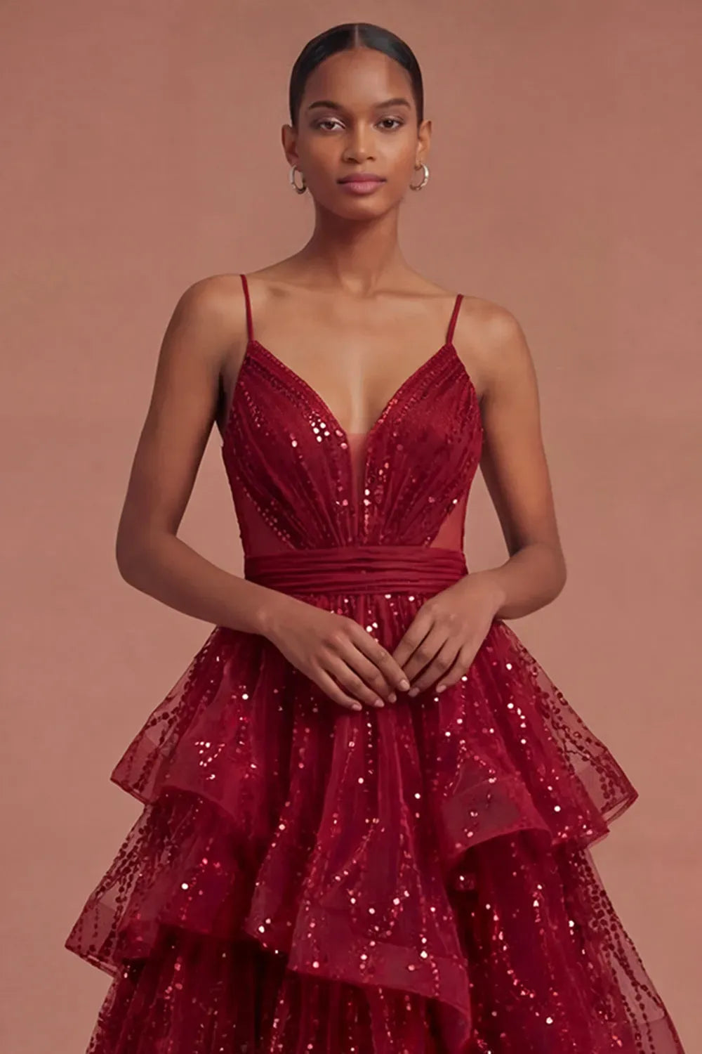 Glamorous A-Line V-Neck Sleeveless V-Back Floor-Length Burgundy Sequin Prom Dress