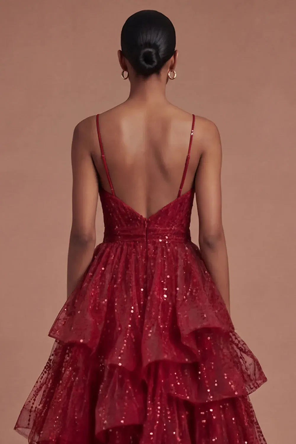 Glamorous A-Line V-Neck Sleeveless V-Back Floor-Length Burgundy Sequin Prom Dress