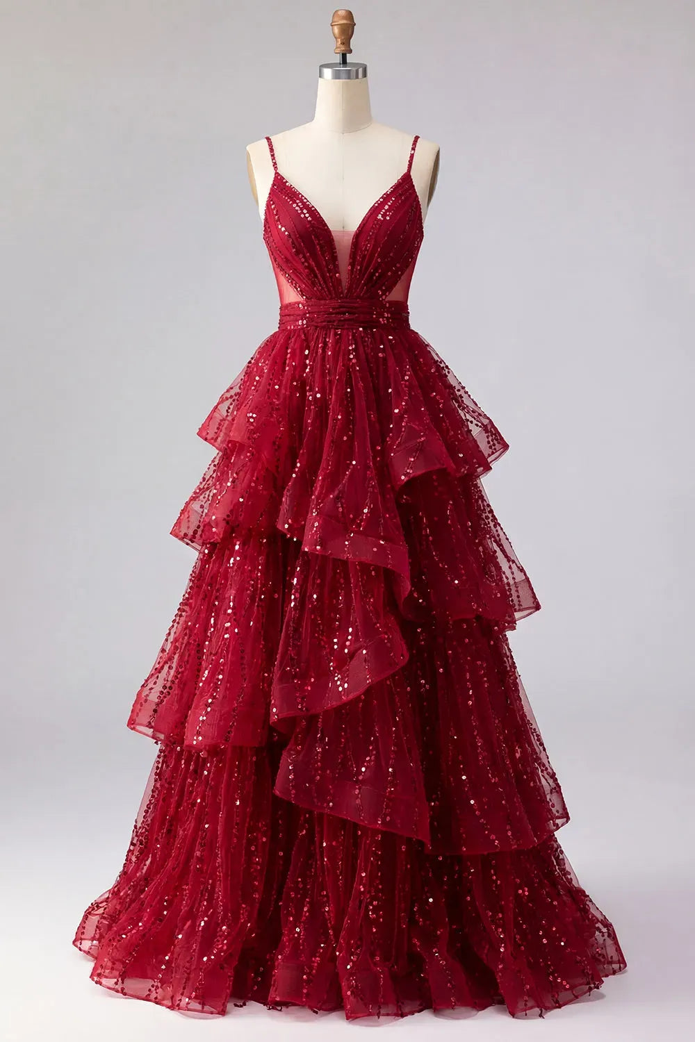 Glamorous A-Line V-Neck Sleeveless V-Back Floor-Length Burgundy Sequin Prom Dress