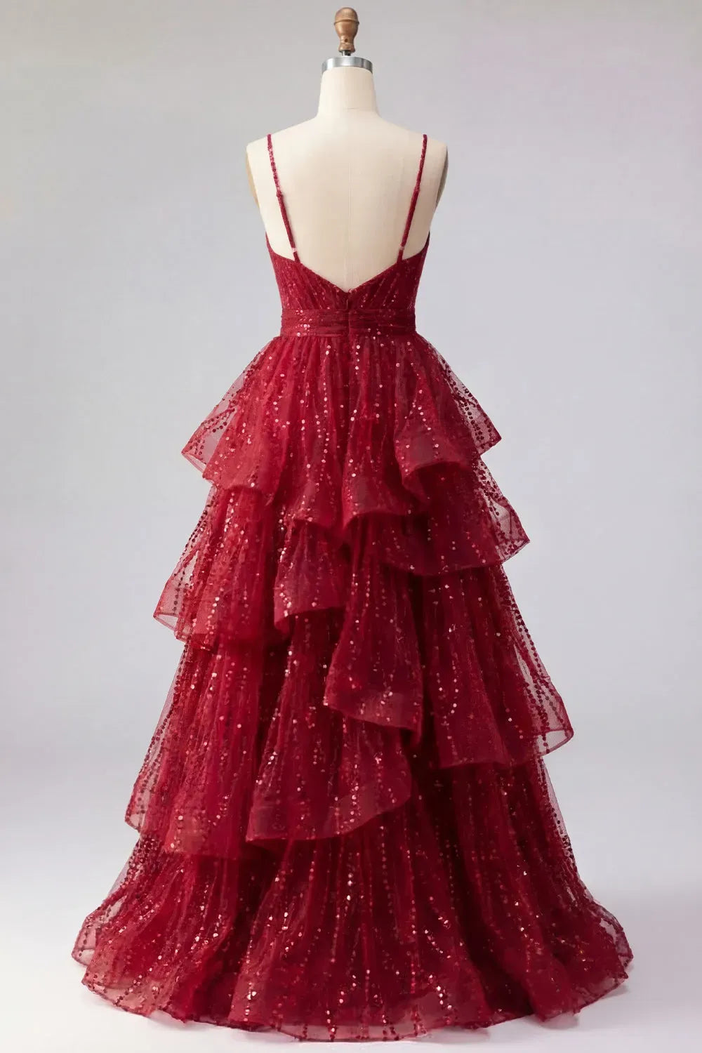 Glamorous A-Line V-Neck Sleeveless V-Back Floor-Length Burgundy Sequin Prom Dress