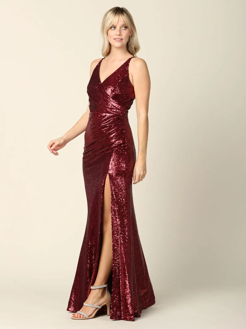 Glamorous Sheath V-Neck Sleeveless Low-Back Slit Floor-Length Prom Dress