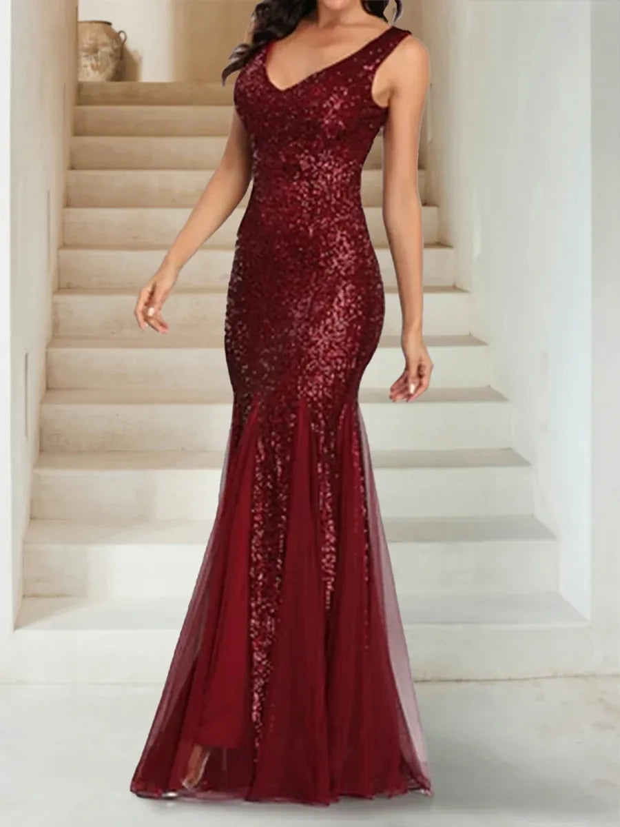 Glamorous Mermaid V-Neck Sleeveless V-Back Floor-Length Sequin Evening Dress