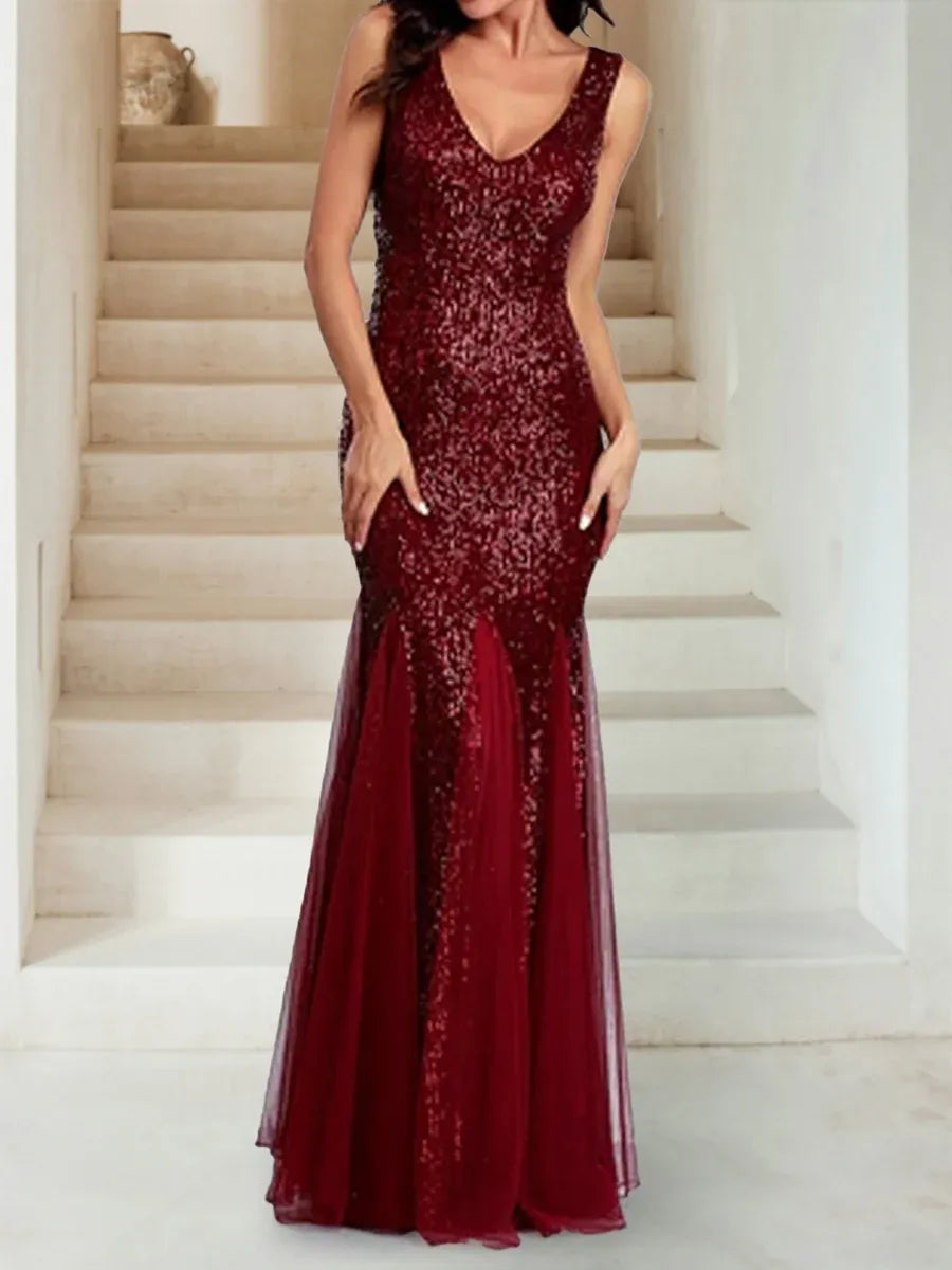Glamorous Mermaid V-Neck Sleeveless V-Back Floor-Length Sequin Evening Dress