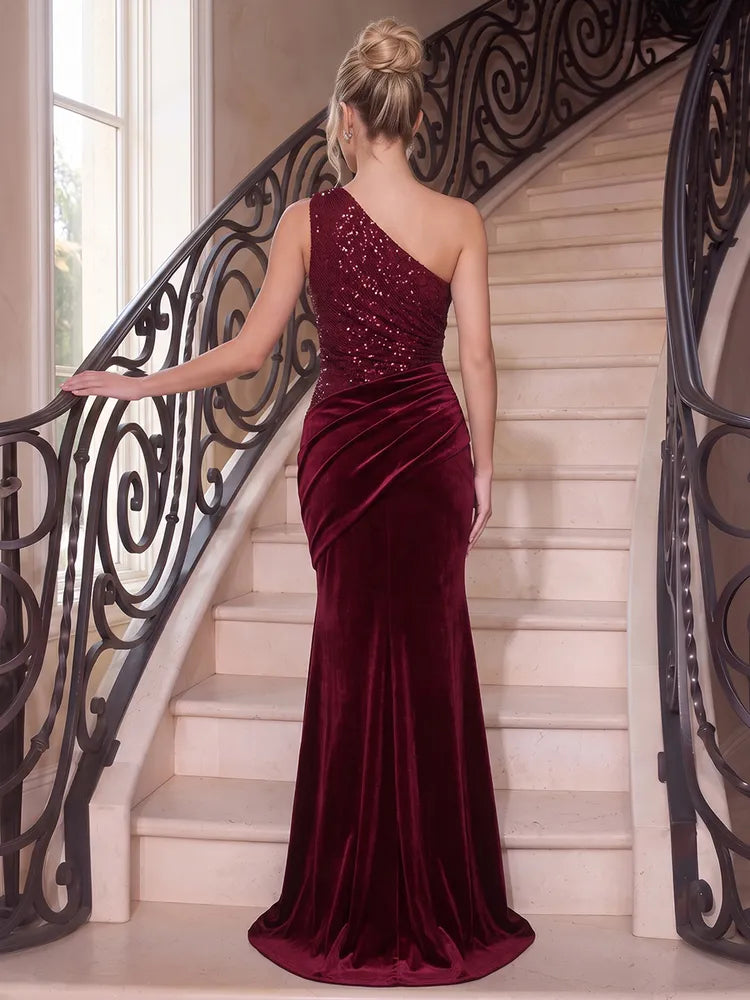 Elegant Mermaid One-Shoulder Sleeveless Sequin Velvet Floor-Length Evening Dress