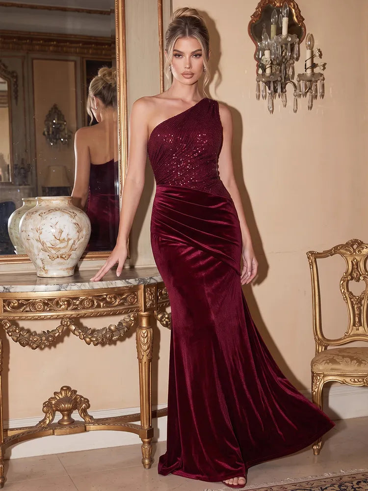 Elegant Mermaid One-Shoulder Sleeveless Sequin Velvet Floor-Length Evening Dress