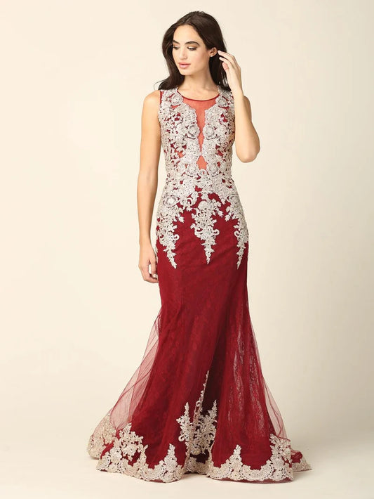 Loverlm burgundy silver lace illusion neck mermaid prom dress front view
