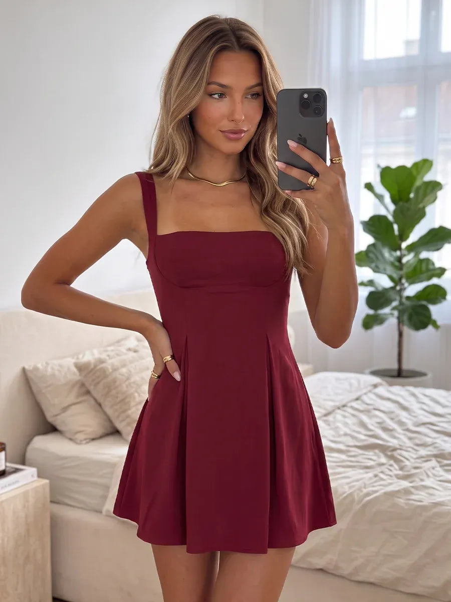 Loverlm burgundy A-line mini homecoming dress with square neckline, wide straps, fitted waist and flared skirt front view