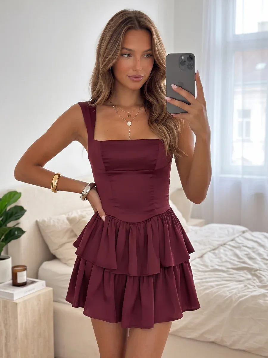 Chic Fit and Flare Square Neck Sleeveless Bow Back Tiered Mini Homecoming Dress