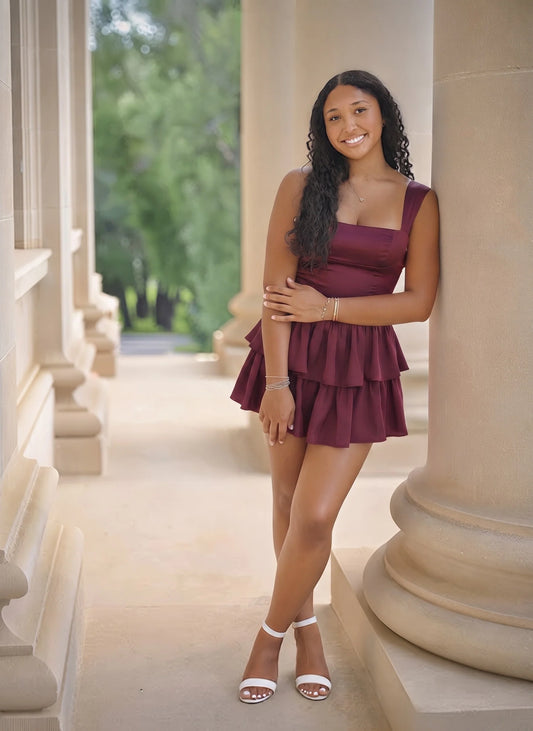 Loverlm burgundy homecoming mini dress with square neckline, wide straps, fitted bodice and two-tier ruffle skirt front view