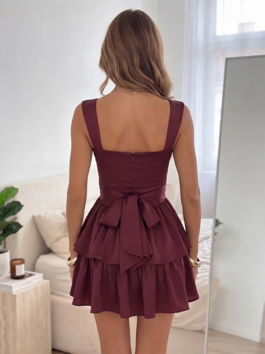 Chic Fit and Flare Square Neck Sleeveless Bow Back Tiered Mini Homecoming Dress
