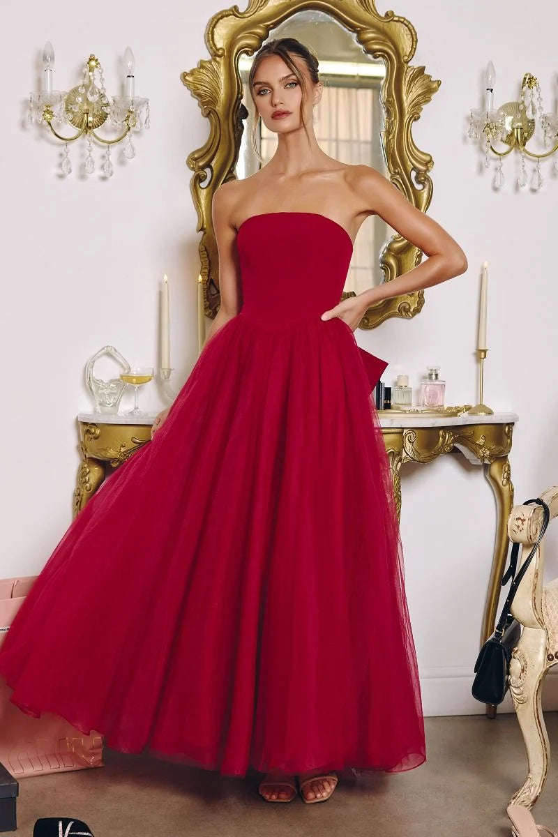 Loverlm burgundy strapless prom dress with fitted bodice and flowing A-line floor-length tulle skirt