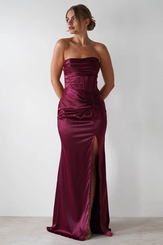 Loverlm burgundy satin-like mermaid evening dress with strapless corset bodice, twisted hip ruching, thigh-high slit and floor-length skirt front view