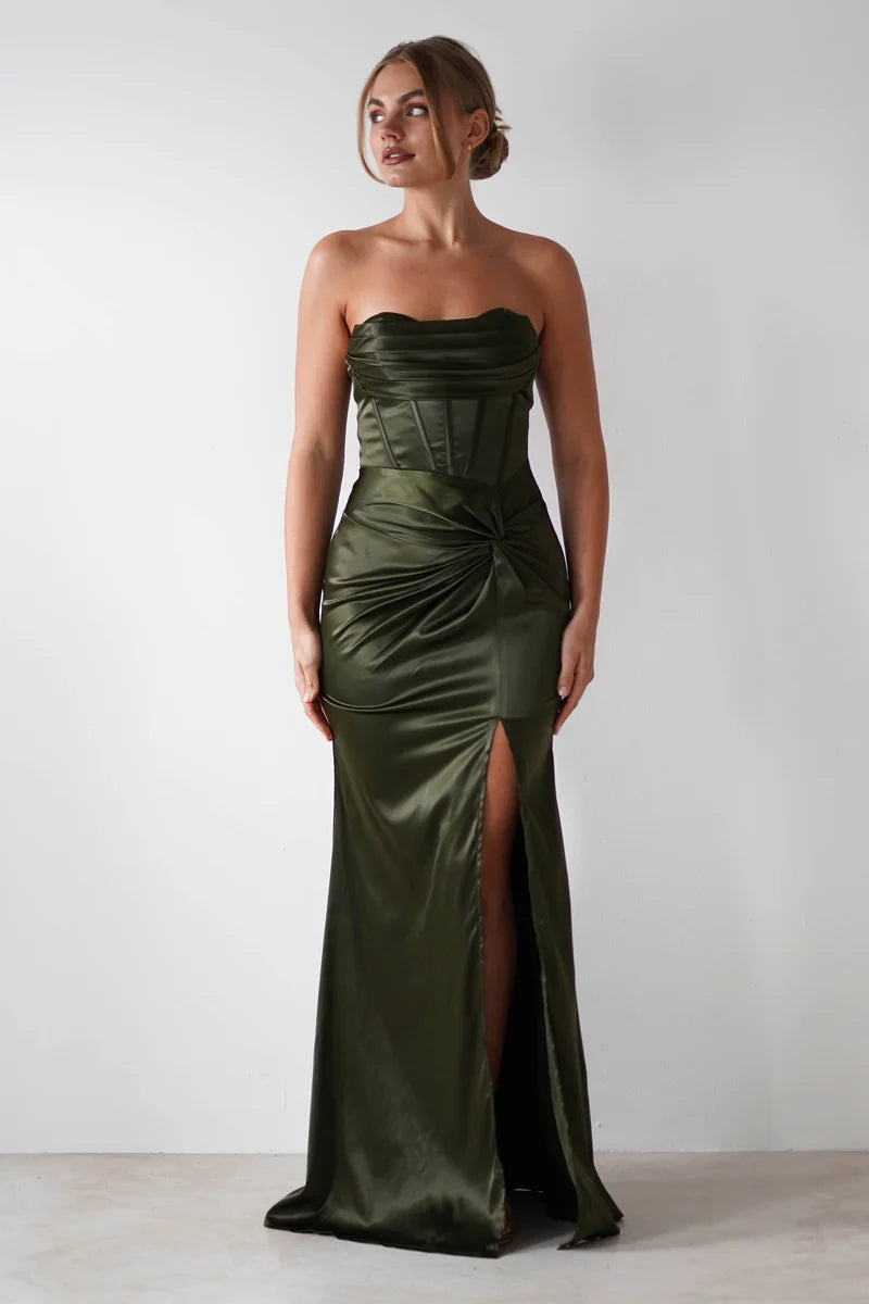 Elegant Mermaid Strapless Sleeveless Zipper Back Slit Floor-Length Evening Dress