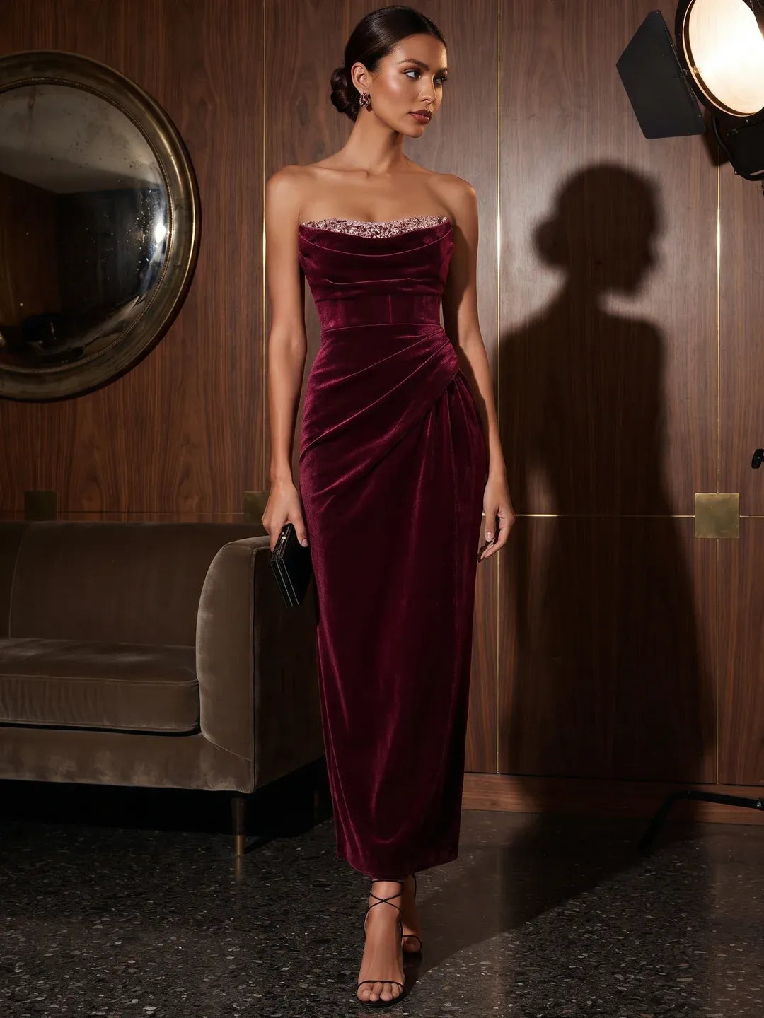 Loverlm burgundy velvet strapless draped neck midi evening dress