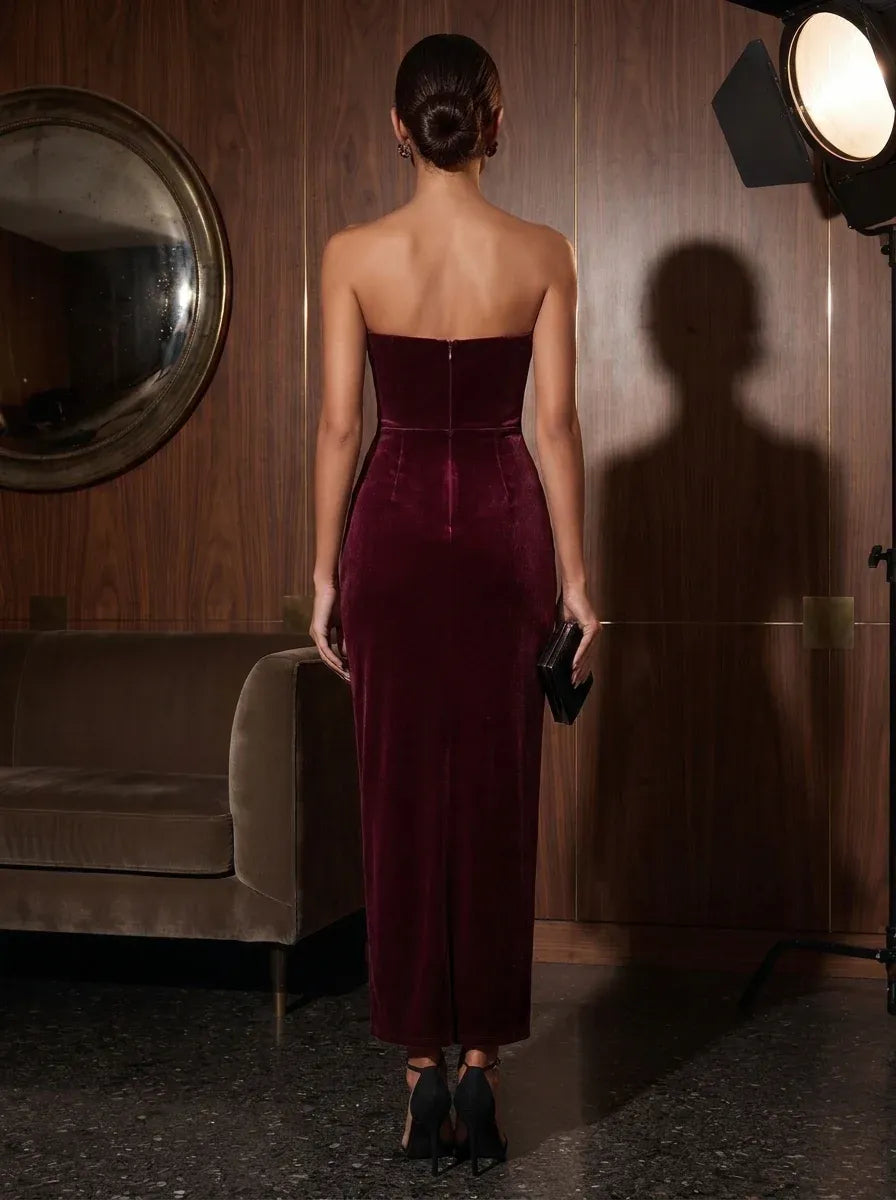 Elegant Column Draped-Neck Strapless Zip-Back Velvet Midi Evening Dress