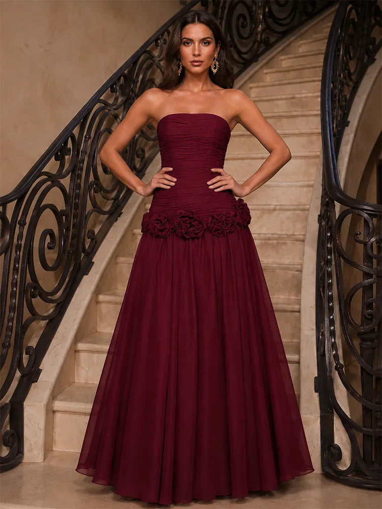 Loverlm burgundy strapless ruched chiffon A-line floor length prom dress front view