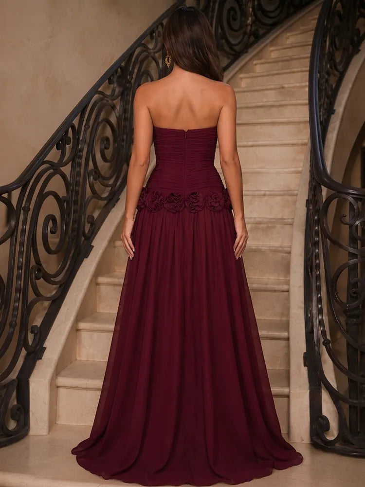 Romantic A-Line Strapless Sleeveless Chiffon Floor-Length Prom Dress