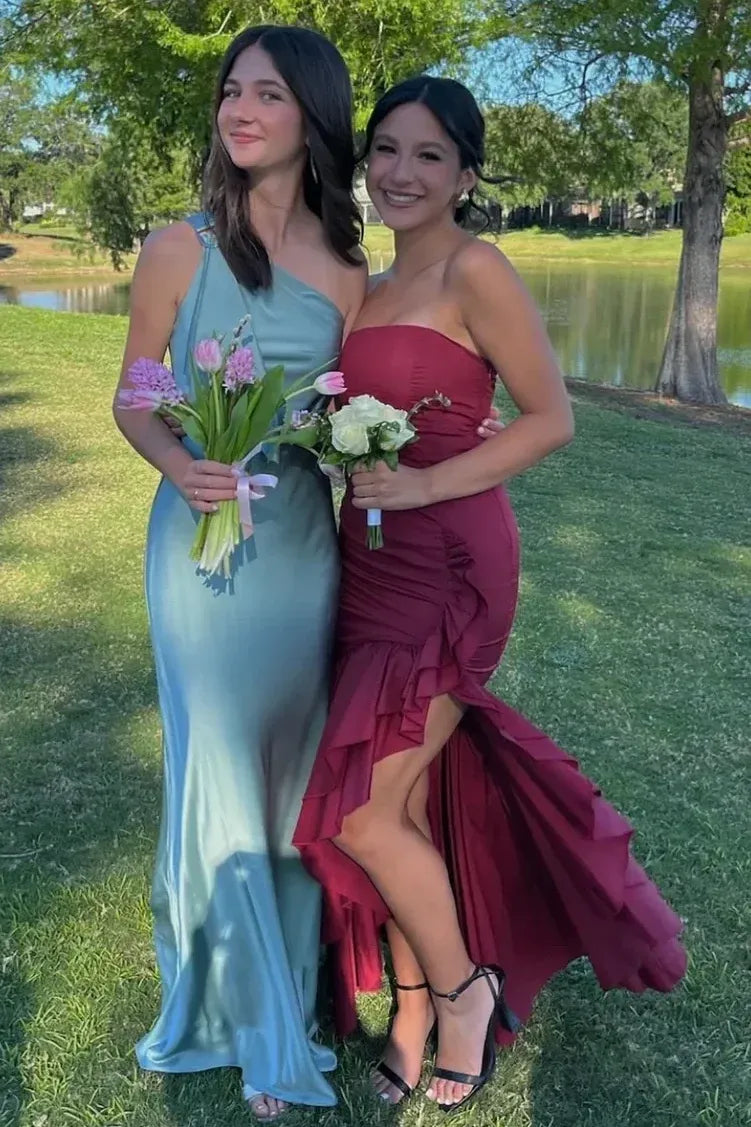 Elegant Burgundy Sheath Strapless Sleeveless Ruffled Floor-Length Formal Prom Dress