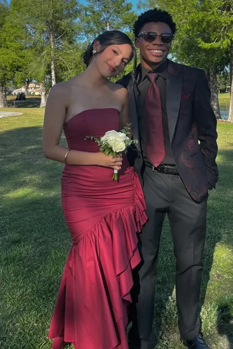 Elegant Burgundy Sheath Strapless Sleeveless Ruffled Floor-Length Formal Prom Dress