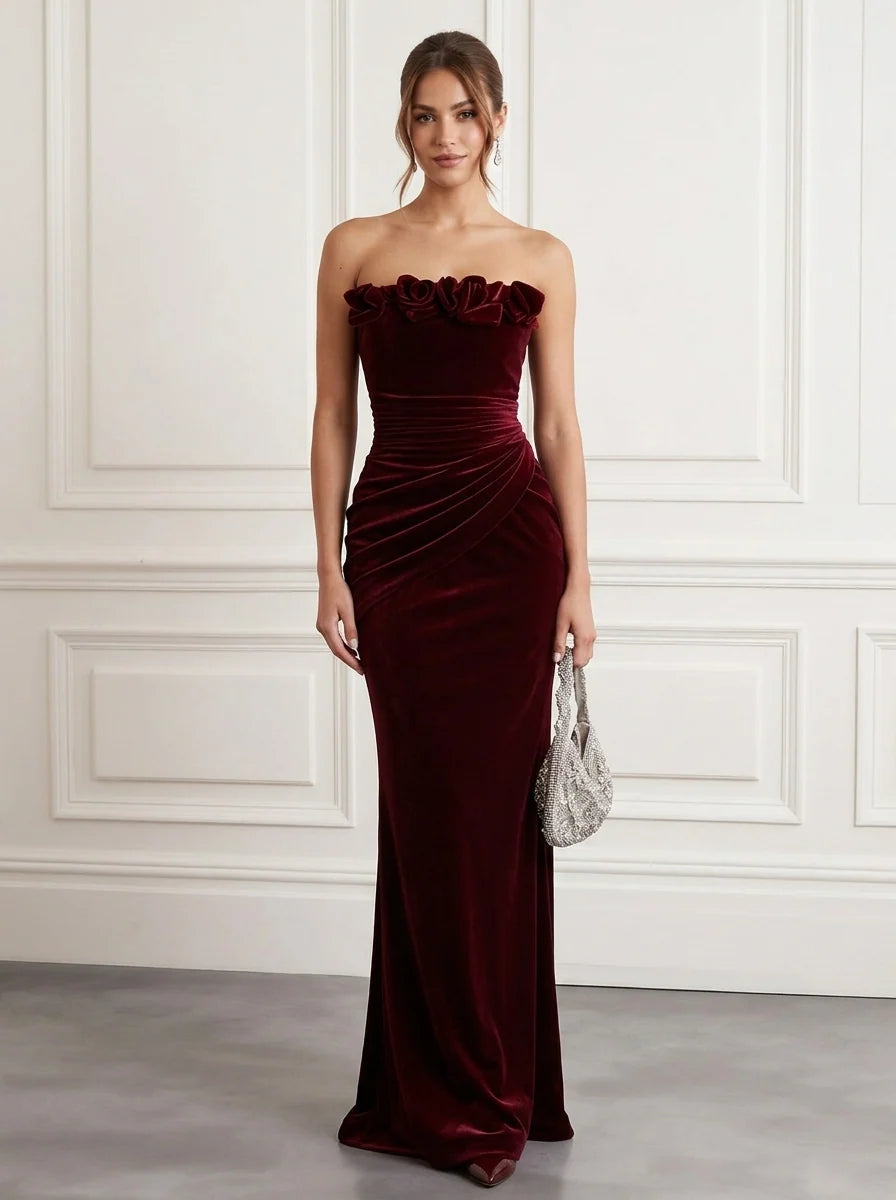 Glamorous Mermaid Strapless Sleeveless Velvet Floor Length Evening Dress