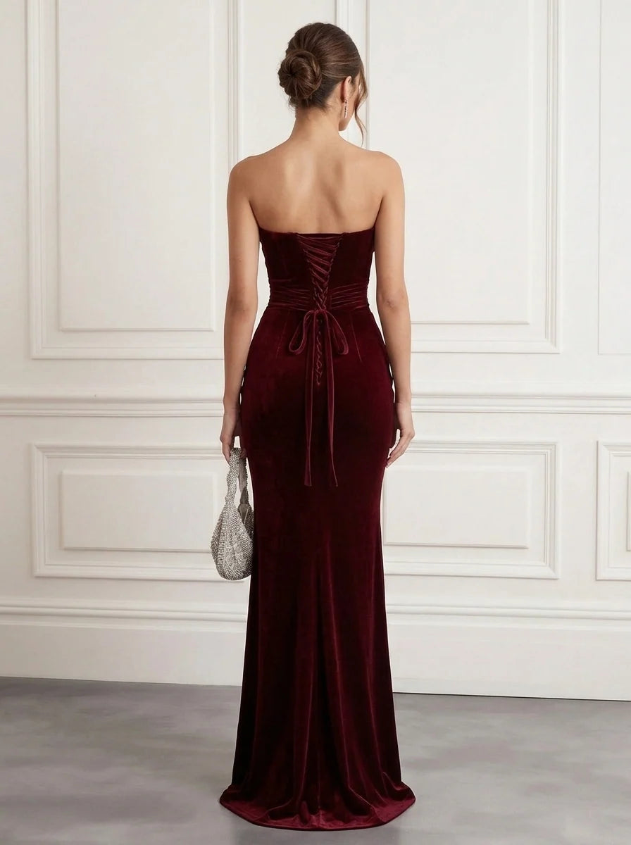 Glamorous Mermaid Strapless Sleeveless Velvet Floor Length Evening Dress