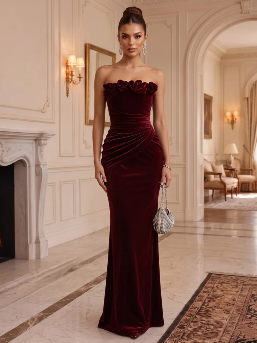 Glamorous Mermaid Strapless Sleeveless Velvet Floor Length Evening Dress