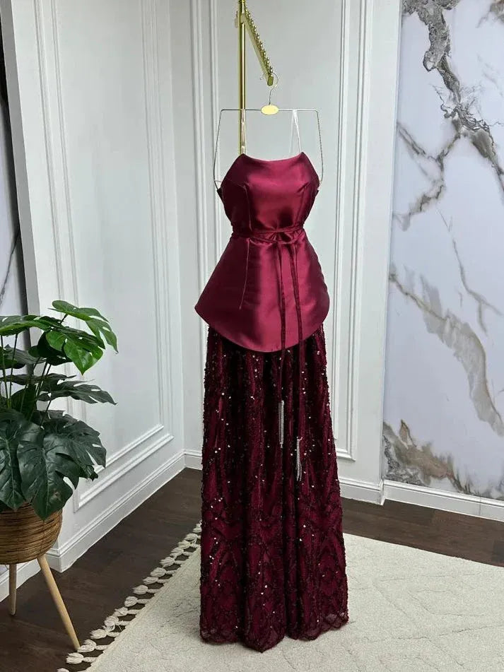 Elegant Burgundy A-Line Strapless Sleeveless Zip-Back Sequin Floor-Length Prom Dress