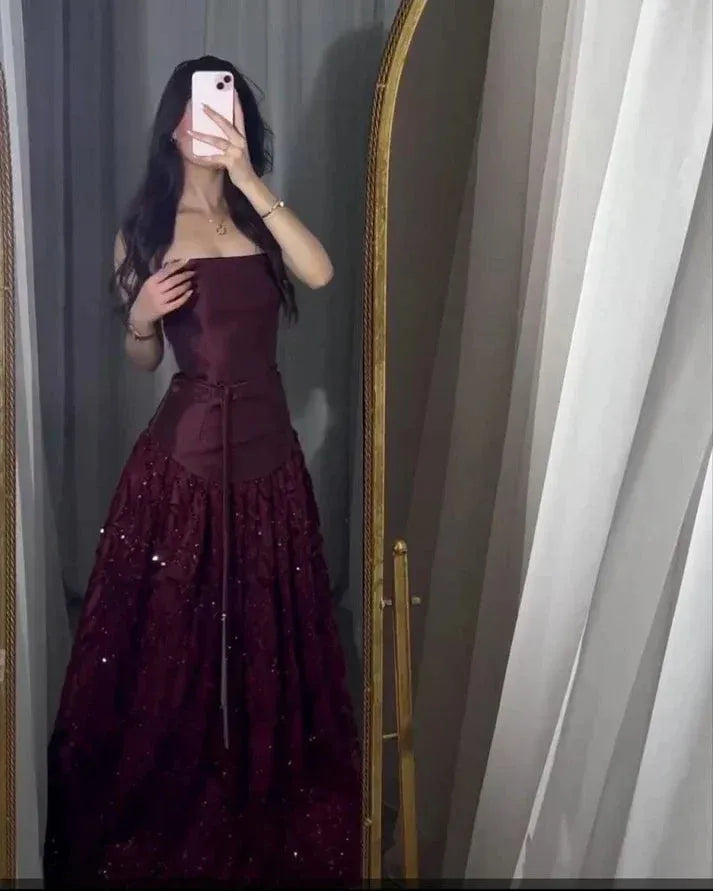 Elegant Burgundy A-Line Strapless Sleeveless Zip-Back Sequin Floor-Length Prom Dress