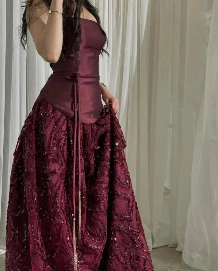 Elegant Burgundy A-Line Strapless Sleeveless Zip-Back Sequin Floor-Length Prom Dress