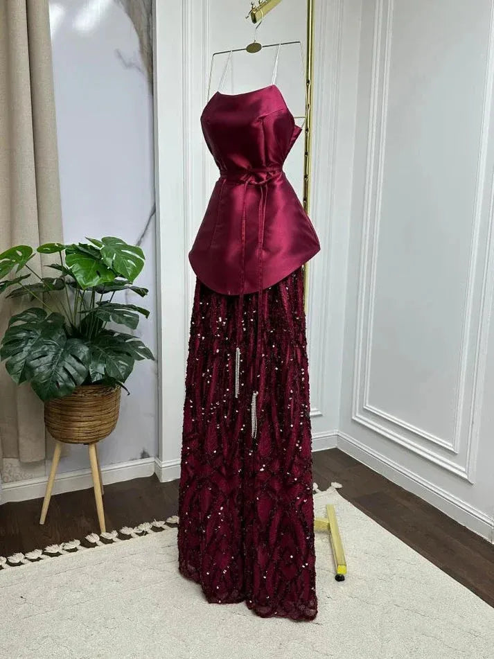 Elegant Burgundy A-Line Strapless Sleeveless Zip-Back Sequin Floor-Length Prom Dress