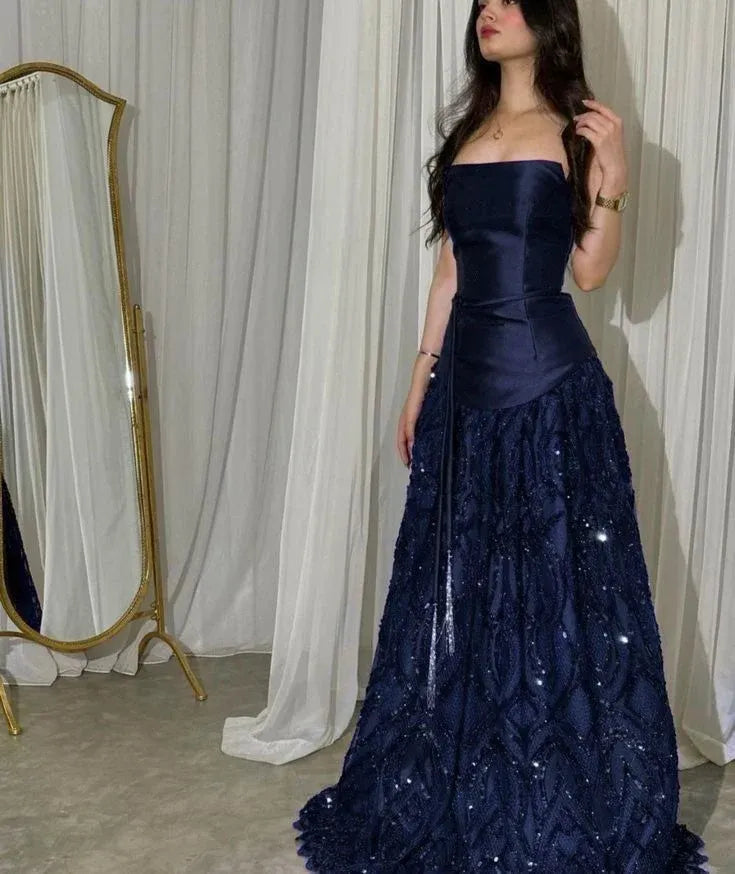 Elegant Burgundy A-Line Strapless Sleeveless Zip-Back Sequin Floor-Length Prom Dress