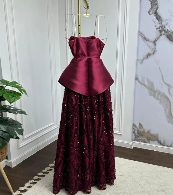 Elegant Burgundy A-Line Strapless Sleeveless Zip-Back Sequin Floor-Length Prom Dress