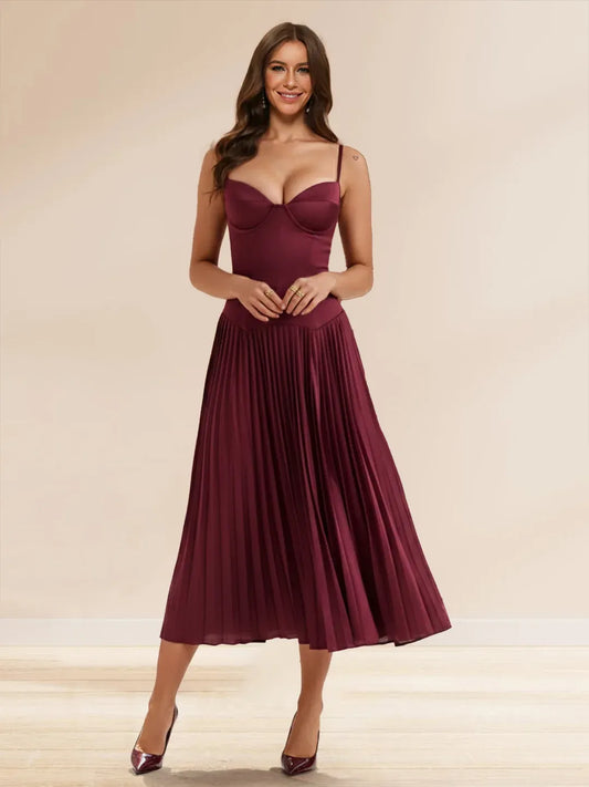 Front view of Loverlm burgundy sweetheart homecoming dress with corset-style bodice, Basque waist and pleated midi skirt