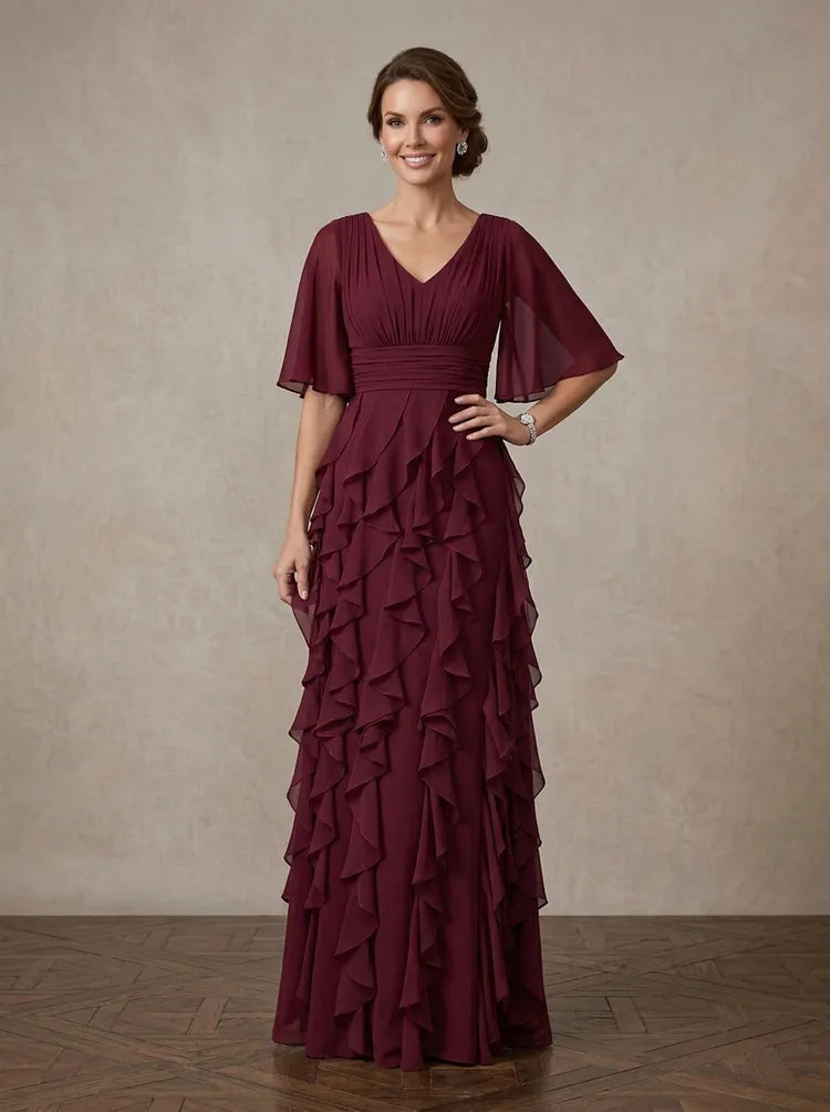 Loverlm burgundy Mother of the Bride dress with V-neck flutter sleeves ruched waist cascading ruffles and floor-length A-line silhouette