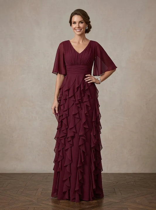 Loverlm burgundy Mother of the Bride dress with V-neck flutter sleeves ruched waist cascading ruffles and floor-length A-line silhouette