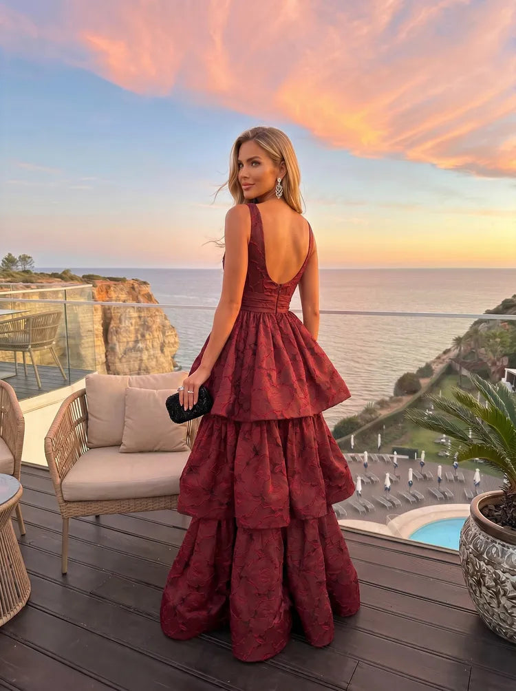 Romantic A-Line V-Neck Sleeveless Jacquard Tiered Floor-Length Evening Dress