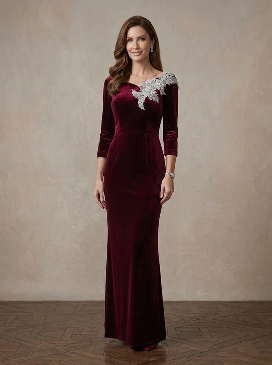 Loverlm burgundy velvet Mother of the Bride dress with asymmetric neckline silver floral appliqué three-quarter sleeves and floor-length sheath silhouette