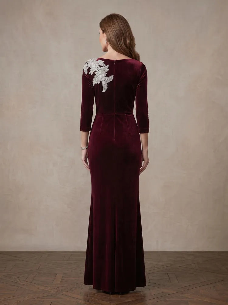 Elegant Sheath Asymmetric Three-Quarter-Sleeve Velvet Floor-Length Mother of the Bride Dress